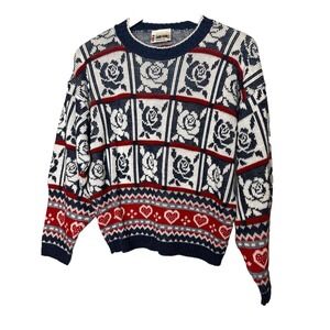 Vintage 90's Women's Sweater Hearts Roses Made In USA Blue Red Print